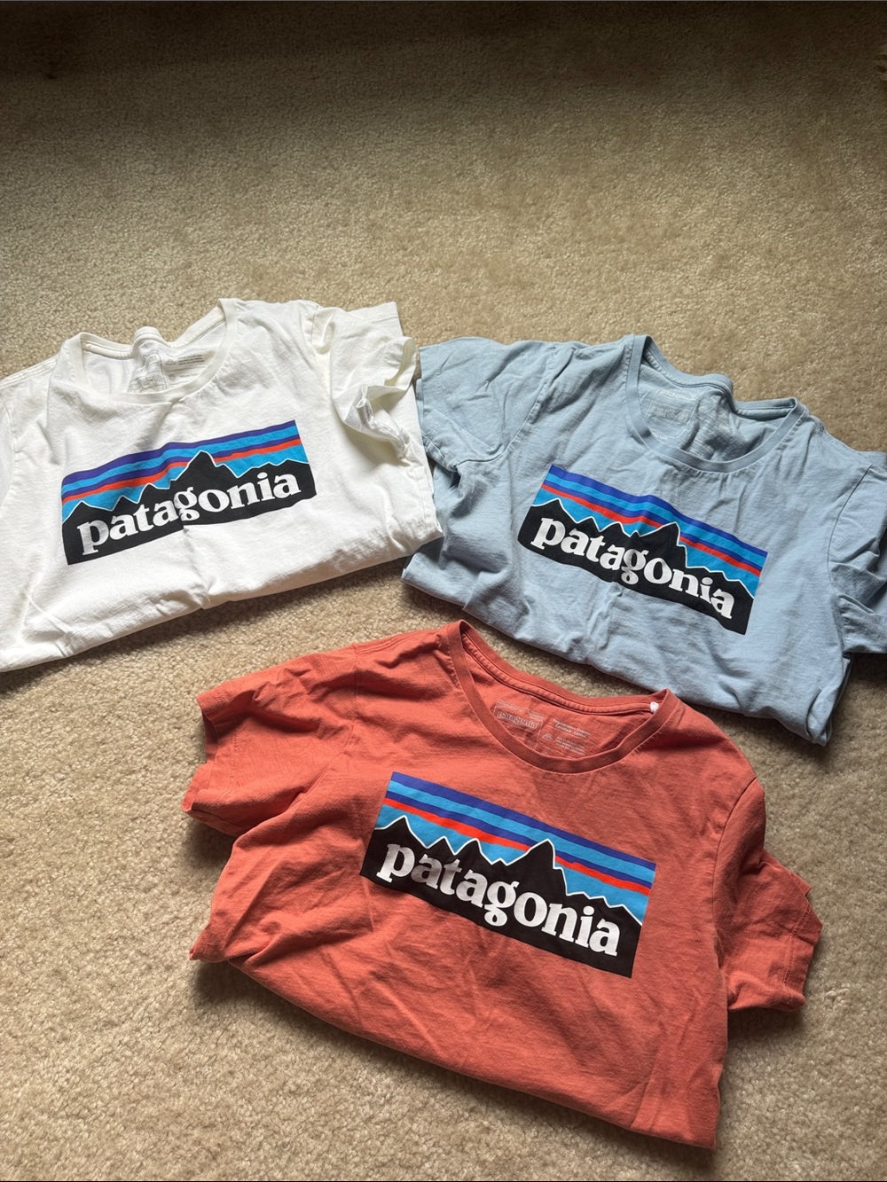 Three pieces of Patagonia Kids Light Blue Tee with Mountain Logo